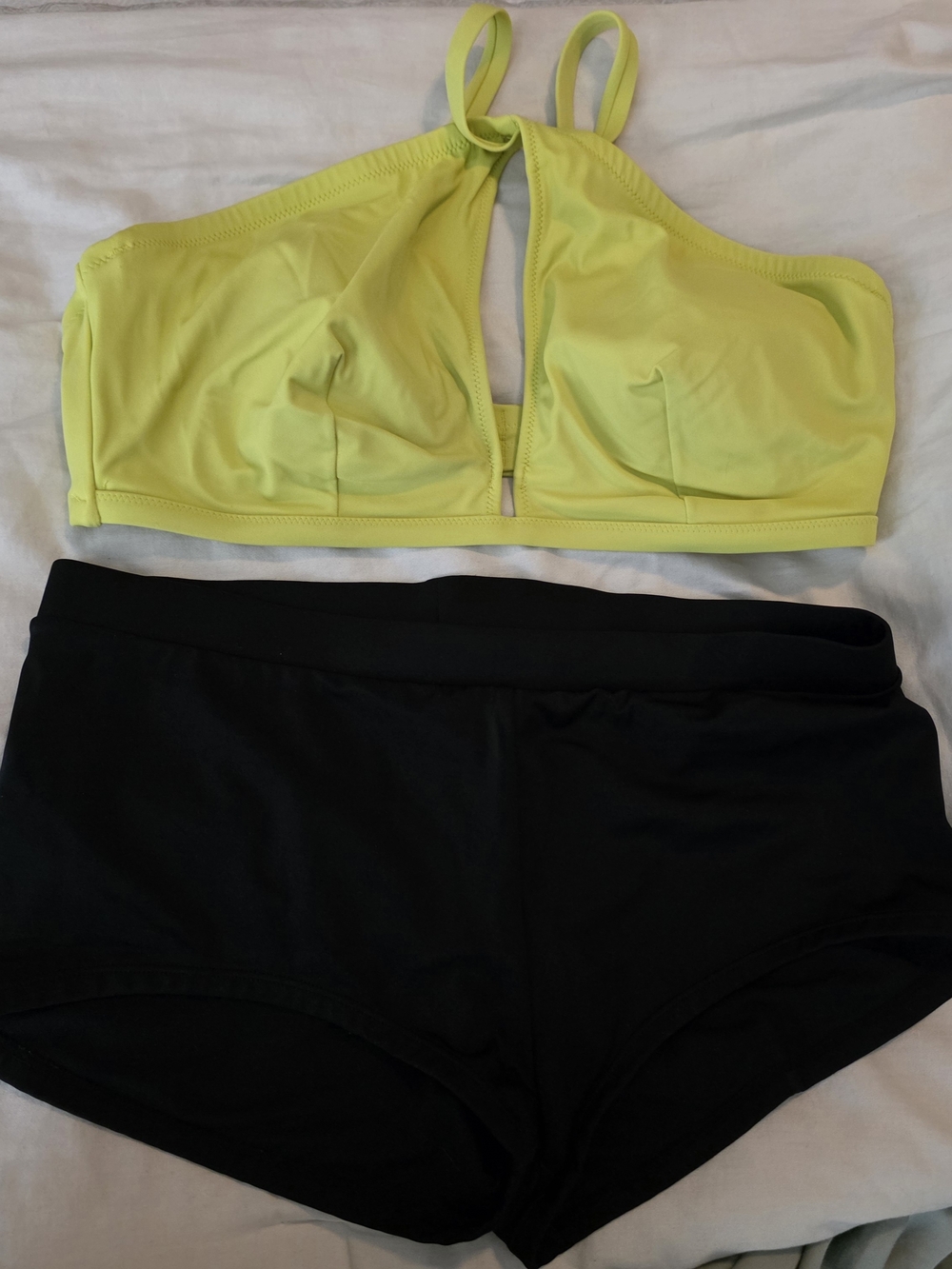 Lime Green Halter Bikini Top and Black Short Swim Bottoms